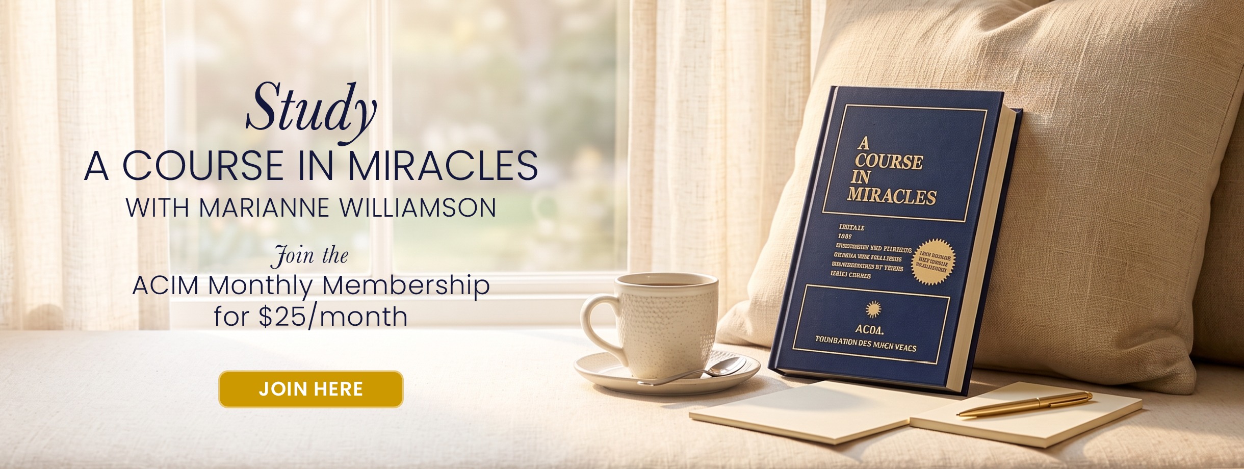 2026 Rotating Mobile Banners_5 ACIM Marianne Williamson sits at her desk with her hands holding a pencil.